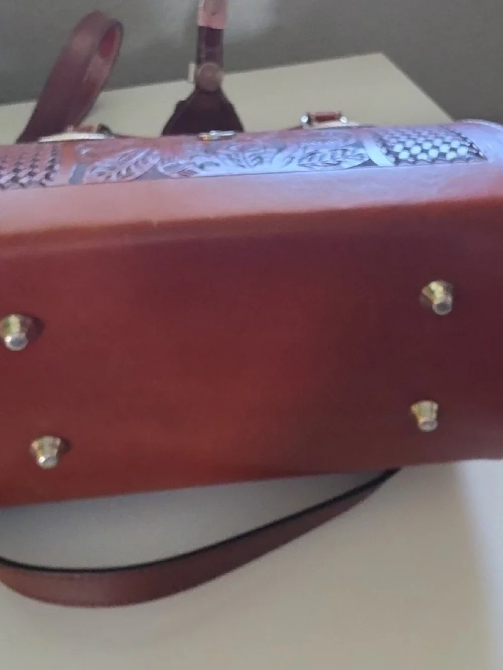 Women’s Tooled Leather Crossbody Bag in Saddle Brown with Silver Buckle